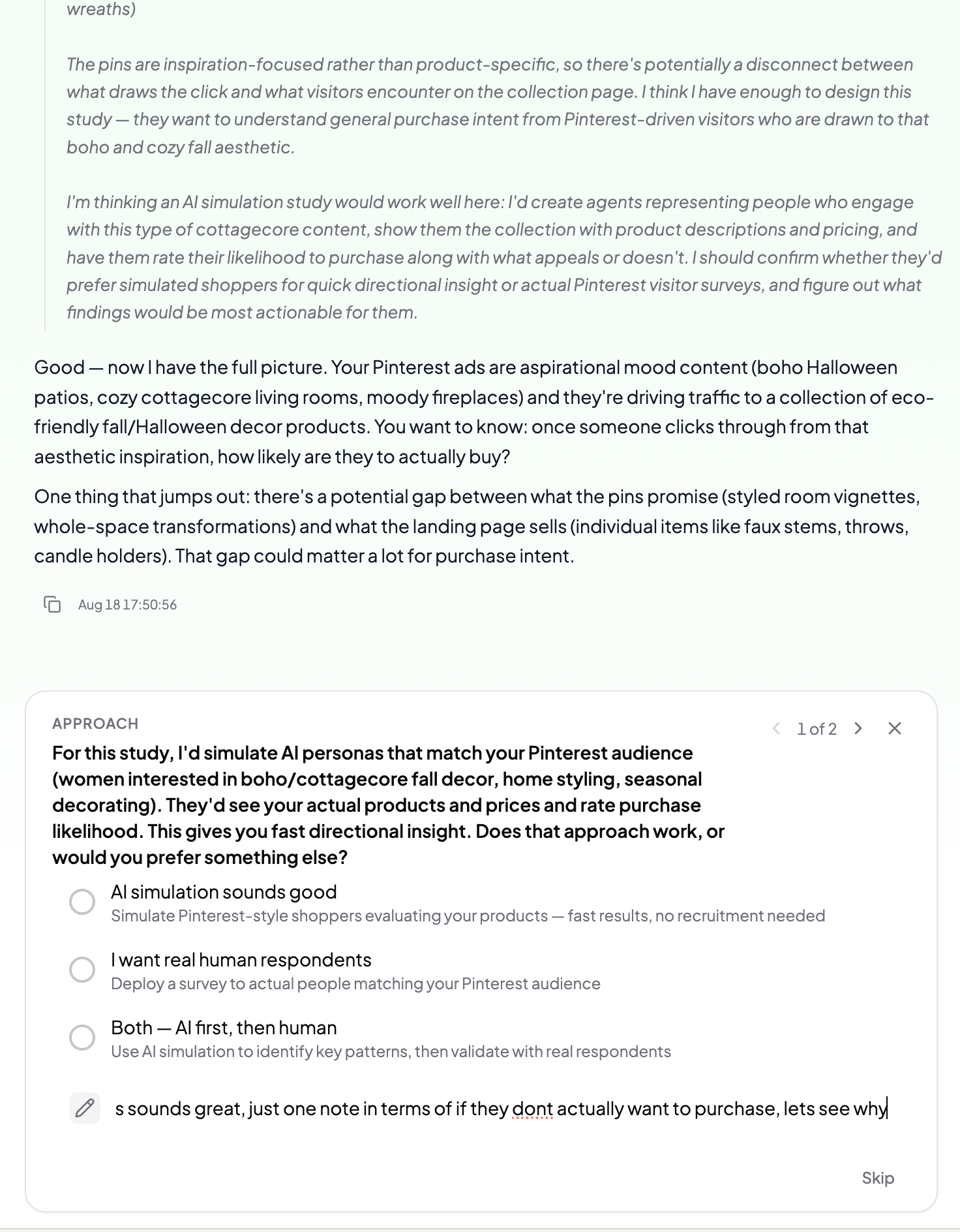 The research approach explicitly proposes AI personas and directional findings.